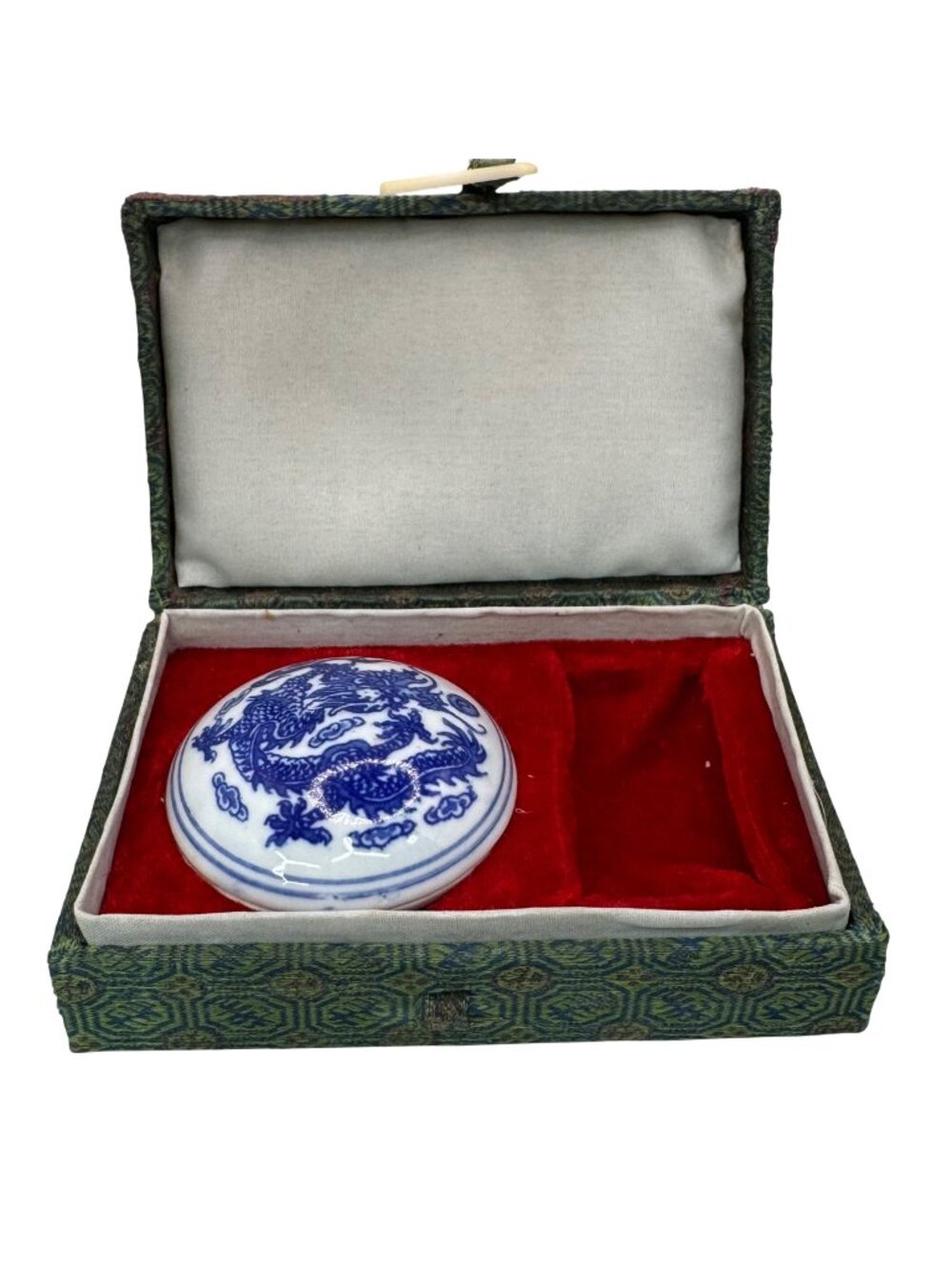 Vintage Blue & White Porcelain Dragon Inkstone Ink Red Seal Box Silk Lined Box